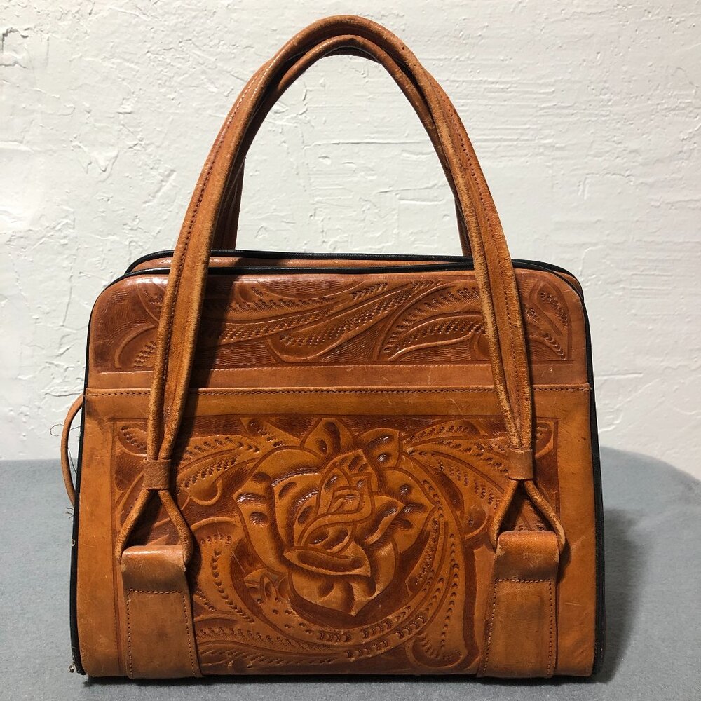 VTG Hand Tooled Leather Shoulder Bag Tote Tan Rose Boho Western YKK Mexico